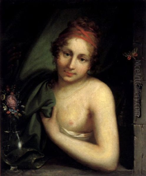 Bildnis Einer Jungen Dame In Einer Fensteroffnung Mit Einer Blumenvase Oil Painting by August Albrecht Christian Tischbein