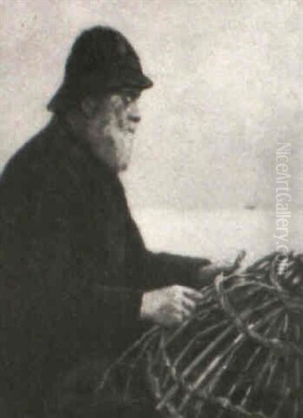 Fisherman Mending His Basketry Fish Trap Oil Painting by Stacy Tolman