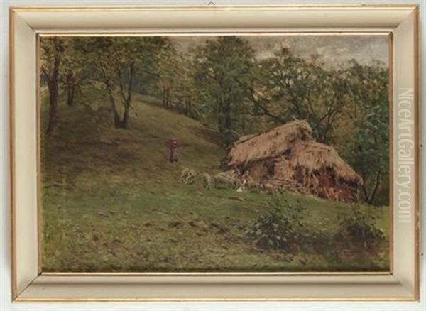 Paesaggio Campestre Con Pecore E Figure Oil Painting by Achille Tominetti