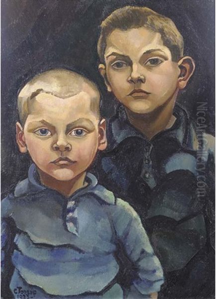 Portret Jongens Gerbrands (+ Sketch Of Three Children, Charcoal, Verso) Oil Painting by Charley Toorop