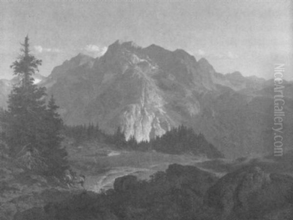 Gewaltiges Gebirgspanorama Mit Almhutte Oil Painting by August Toepfer