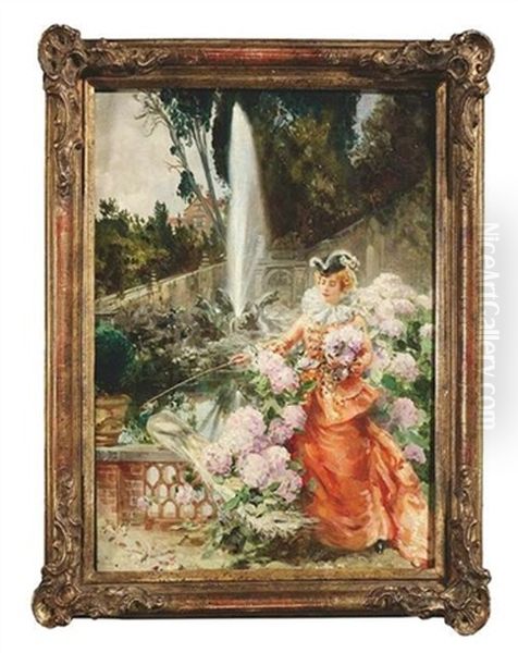 Elegante Dame Im Historischen Kostum Vor Der Imposanten Brunnenanlage In Einem Park Oil Painting by Sinibaldo Tordi