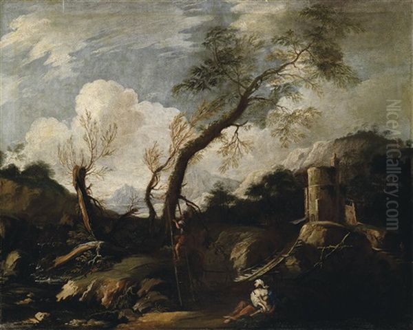 Gebirgige Landschaft Mit Einer Mutter Mit Kind Und Einem Mann, Der Auf Einer Leiter  Einen Baum Hinaufsteigt Oil Painting by Bartolomeo Torreggiani