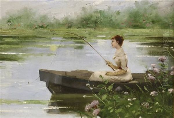 A Woman Fishing From A Punt Oil Painting by Auguste Toulmouche