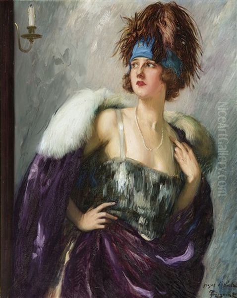 Lady In A Fur Coat Oil Painting by Fernand Toussaint