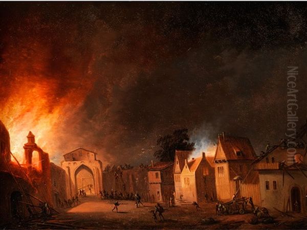 Ansicht Einer Brennenden Stadt Oil Painting by Johann Georg (Georges) Trautmann