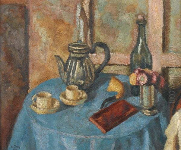 Stillleben Mit Kanne, Tassen Und Blumen Oil Painting by Georges Albert Edouard de Traz