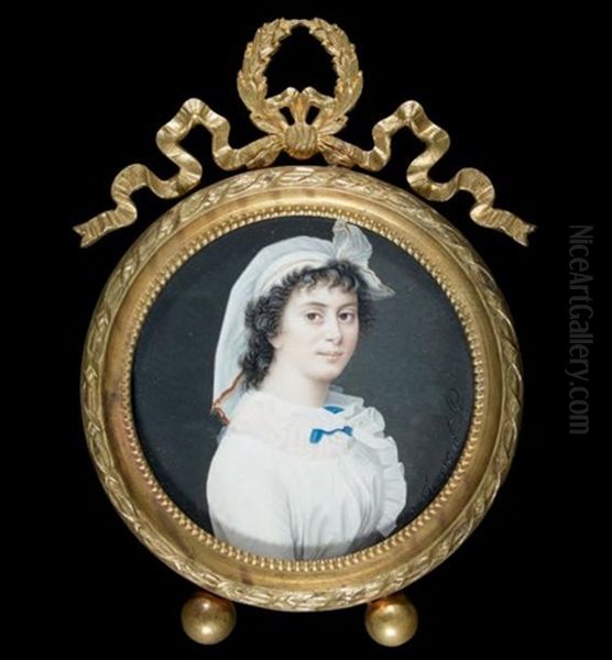 Portrait De Jeune Femme En Robe Blanche Et Ruban Bleu, Avec Un Fichu Blanc Dans Les Cheveux Oil Painting by Giuseppe Tresca