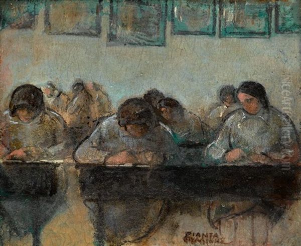 Women Working In An Interior Oil Painting by Theofrastos Triandafyllidis