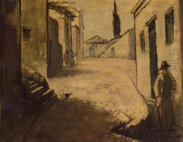 Figures On A Street Oil Painting by Theofrastos Triandafyllidis