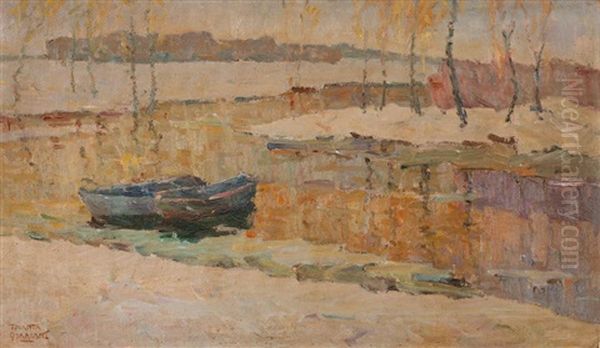 Boats In The River Oil Painting by Theofrastos Triantafyllidis