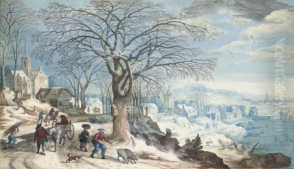 A Wintery Landscape With Travellers And A Swineherd Beside A Lake,a Village And Church Beyond Oil Painting by Friedrich The Elder Brentel