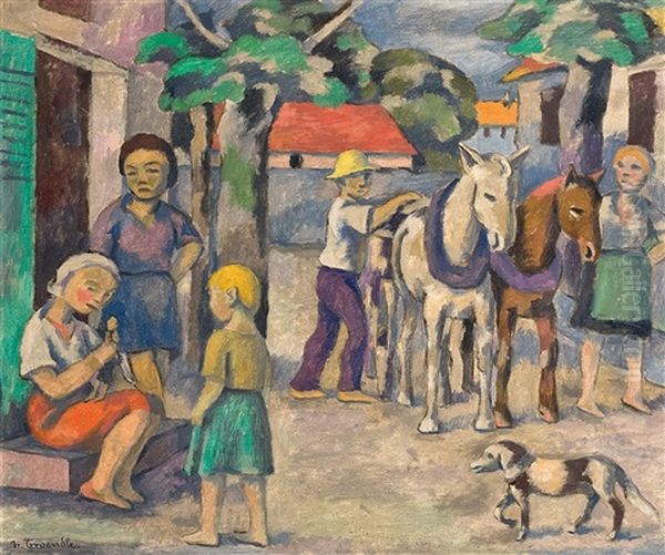 Dorfszene Oil Painting by Hugo Troendle