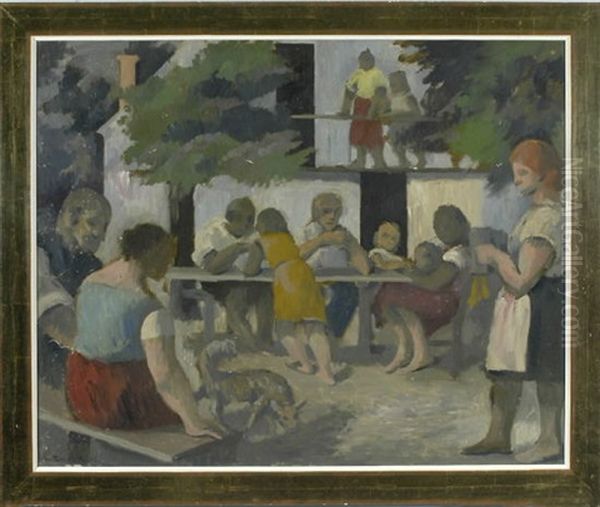 Gesellschaft Im Biergarten Oil Painting by Hugo Troendle