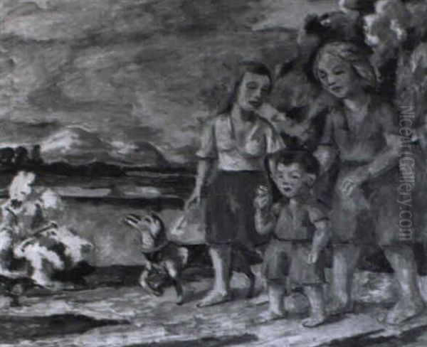 Frauen Mit Kind Und Hund An Einem Flus Oil Painting by Hugo Troendle