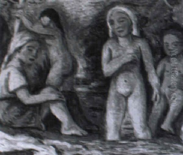 Vier Badende Madchen An Einem Bach Oil Painting by Hugo Troendle