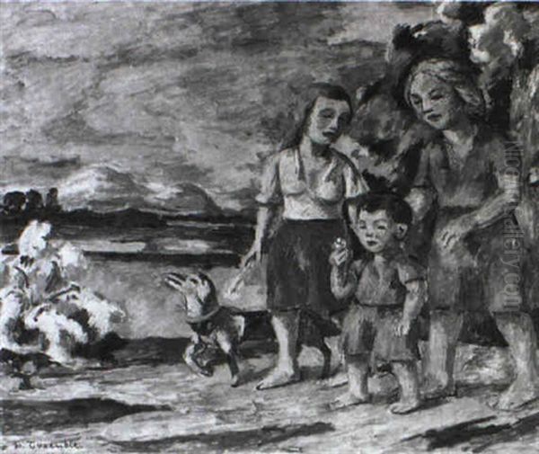 Frauen Mit Kind Und Hund An Einem Flu Oil Painting by Hugo Troendle