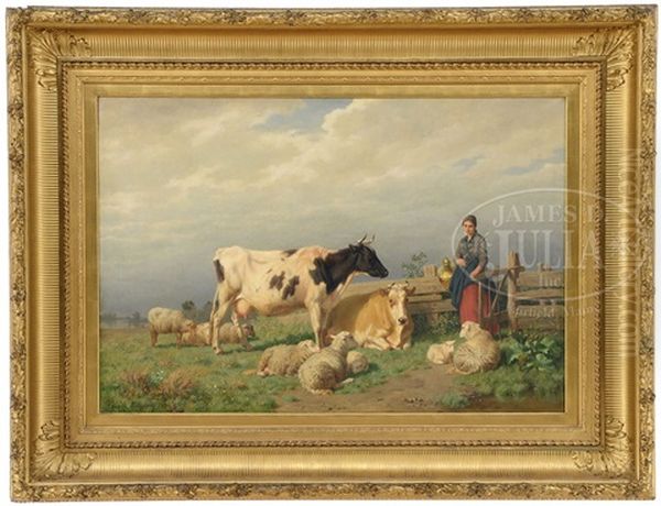 Milkmaid Entering A Field With Cows And Sheep Oil Painting by Edmond Tschaggeny
