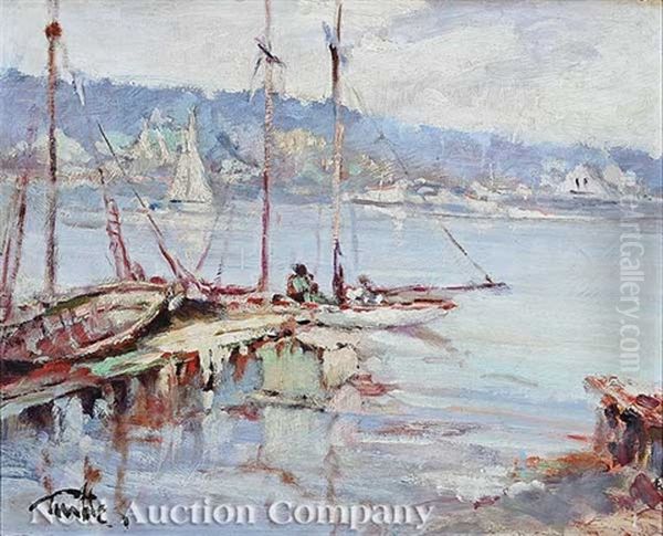 Boats At Shore Oil Painting by Arnold E. Turtle