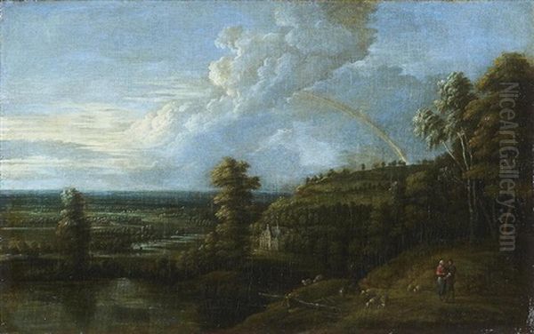 An Extensive Landscape With A Rainbow, A Shepherd And Shepherdess In The Foreground With Their Flock; And An Extensive River Landscape (2) Oil Painting by Lucas Van Uden