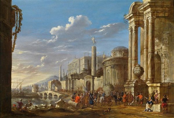 Sudliche Hafenstadt Mit Antiken Gebauden Und Reicher Figurenstaffage Oil Painting by Jacob Van Der Ulft