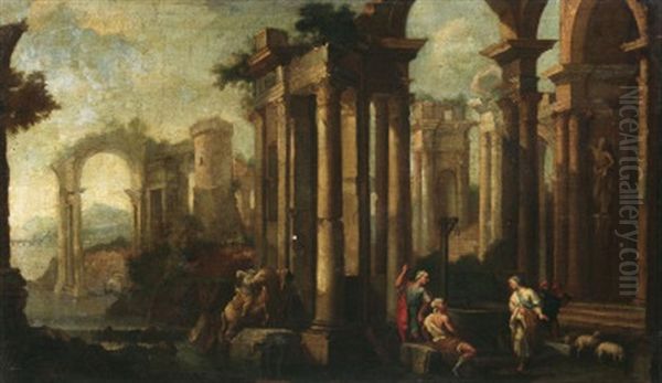 Italienische Ruinenlandschaft Mit Hirten Am Brunnen Oil Painting by Jacob Van Der Ulft