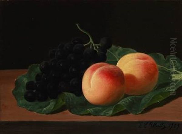 Still Life With Peaches And Grapes On A Cabbage Leaf Oil Painting by E.C. (Emil C.) Ulnitz