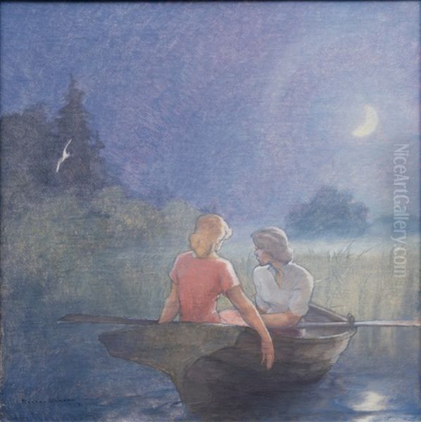Rowers By Moonlight Oil Painting by Ragnar Ungern