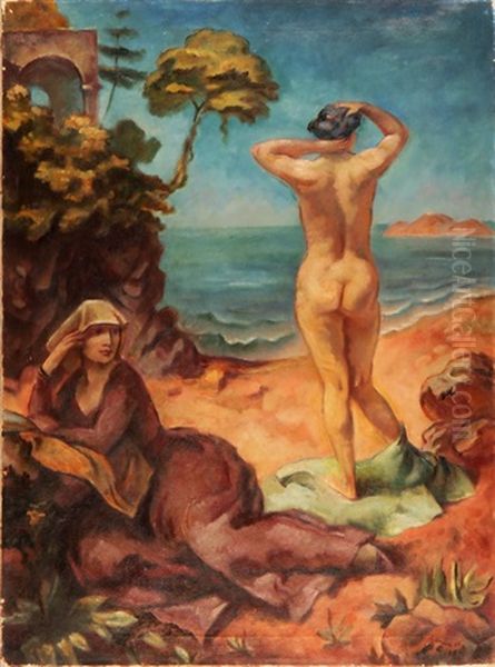 Stehender Akt Und Sitzende Am Strand Oil Painting by Rudolph Urech
