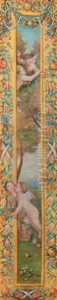 Amorcillos Besandose And Amorcillos Recogiendo Fruta (2 Works) Oil Painting by Eduardo Urquiola Y Aguirre