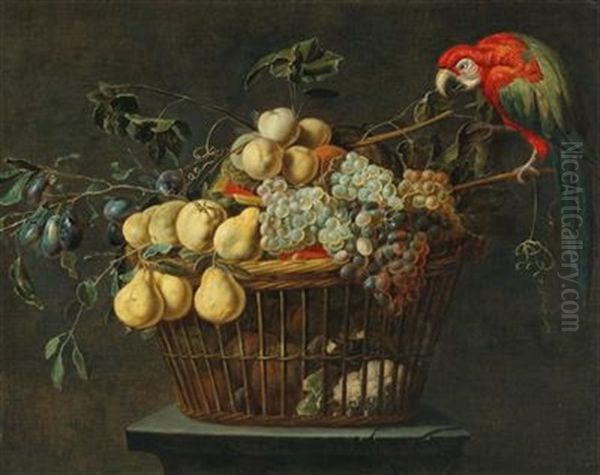 Still Life Of A Basket Of Fruit With A Parrot Oil Painting by Adriaen van Utrecht