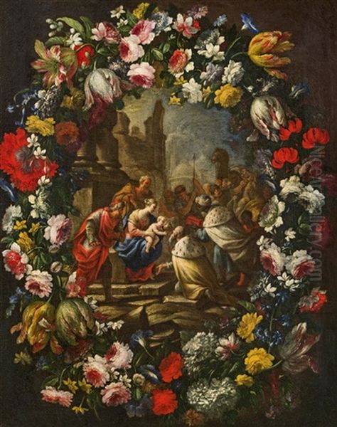 Blumenkartusche Mit Der Anbetung Der Konige Oil Painting by Nicola Vaccaro