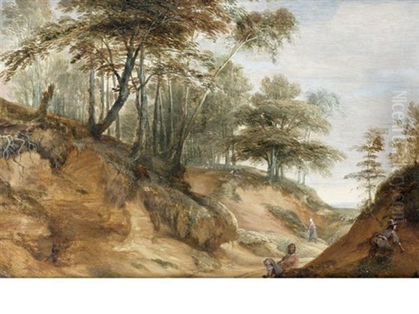 A Wooded Landscape With Figures Resting Beside A Country Path Oil Painting by Lodewijk De Vadder
