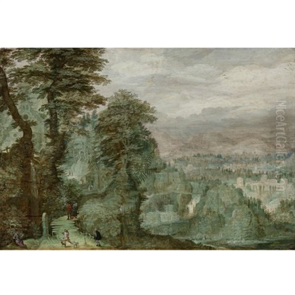 An Extensive Wooded Landscape With Travelers On A Path Oil Painting by Frederick van Valckenborch