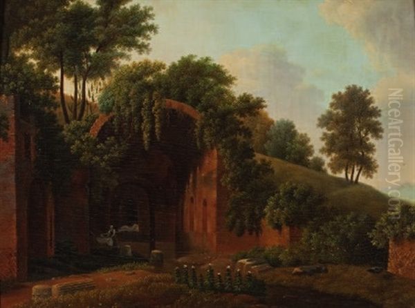Italienische Ruinenlandschaft Mit Wascherin Oil Painting by Pierre Henri de Valenciennes