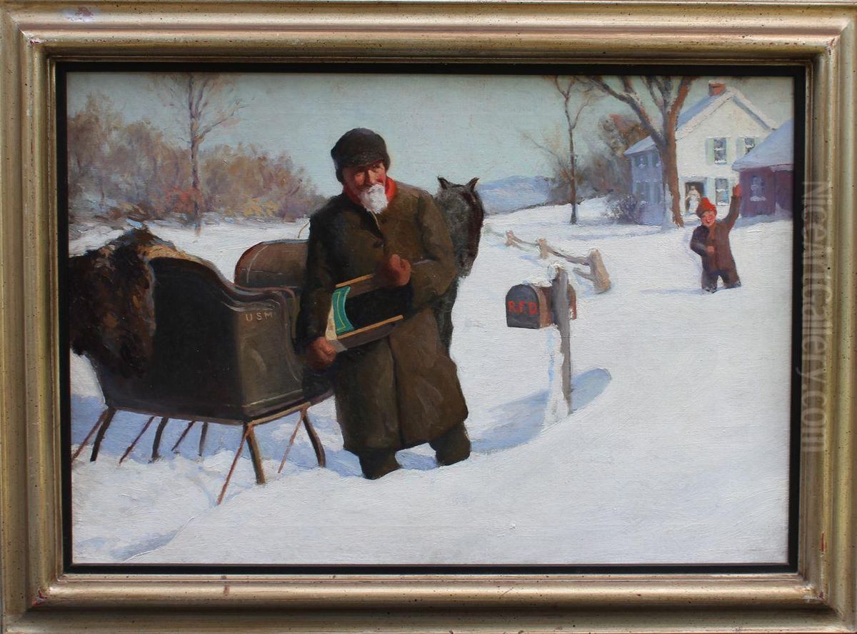 Snow Scene With Mailman With Horse-drawn Mail Cart Delivering Mail Oil Painting by Harold Matthew Brett
