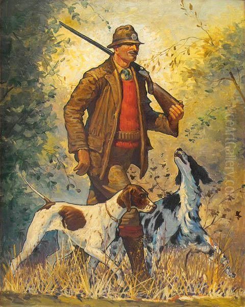 Striding Hunter With Two Dogs. Oil Painting by Harold Matthew Brett