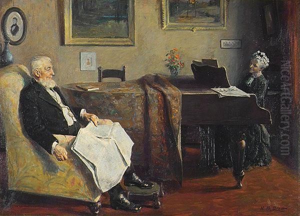 Illustration: Older Couple Relaxing In Interior, She Playing Piano. Oil Painting by Harold Matthew Brett
