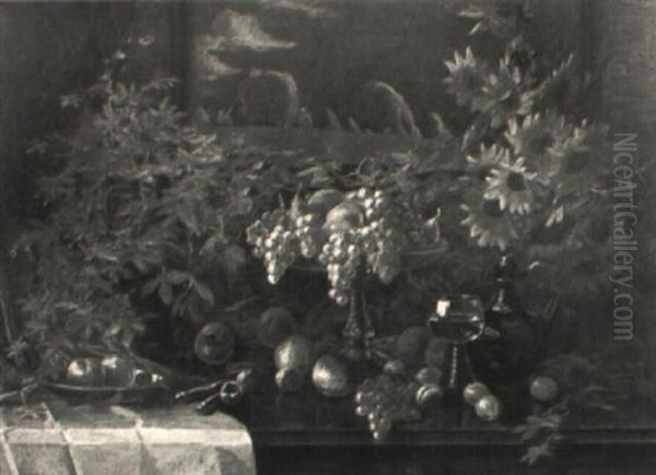 Stilleben Mit Obstschale, Gef_lltem Romer, Laub Und Sonnenblumen Oil Painting by Georg Valka