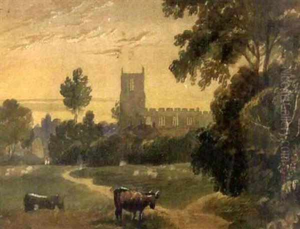 Sunset Landscape With Cows In Front Of A Castle Oil Painting by John Varley the Elder