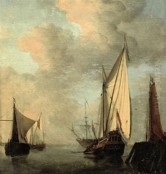Shipping Off A Jetty In Calm Waters Oil Painting by Jan van de, II Velde