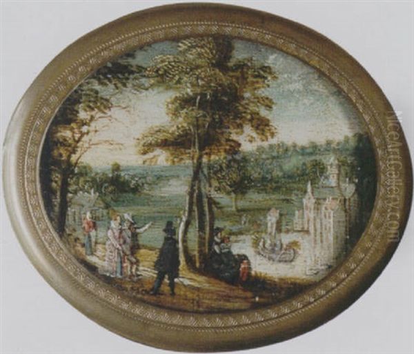 A Landscape With Elegant Figures Promenading Before A Lake, A Castle Beyond Oil Painting by Jan van de Velde II
