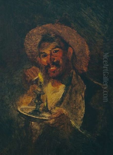 Untitled Portrait Of Man Lighting His Pipe With A Candle Oil Painting by Paulus Petrus van der Velden
