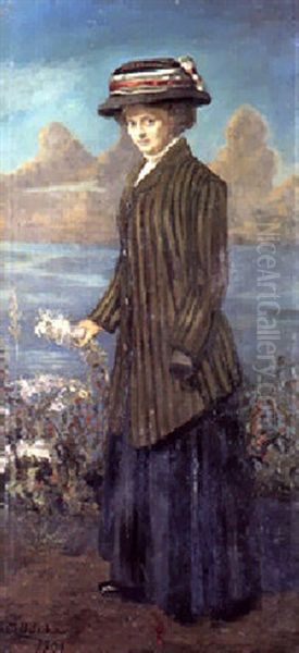 Ung Pige I Stribet Jakke Oil Painting by William Edvard Velschou