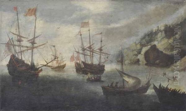 Seeflotte, In Einer Bucht Anlandend Oil Painting by Cornelis Verbeeck