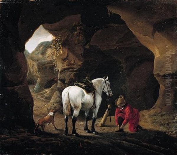 A Man Doing Up The Lace Of His Shoe, With His Grey Horse And Dog, At The Entrace To A Cave Oil Painting by Pieter Cornelius Verbeeck