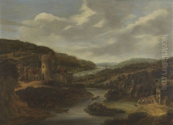 Flusslandschaft Mit Burg Und Kleinem Dorf Oil Painting by Dionys Verburgh