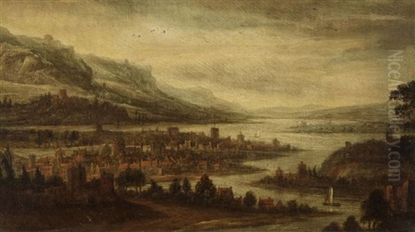 Landscape With A City By A River Oil Painting by Dionys Verburgh