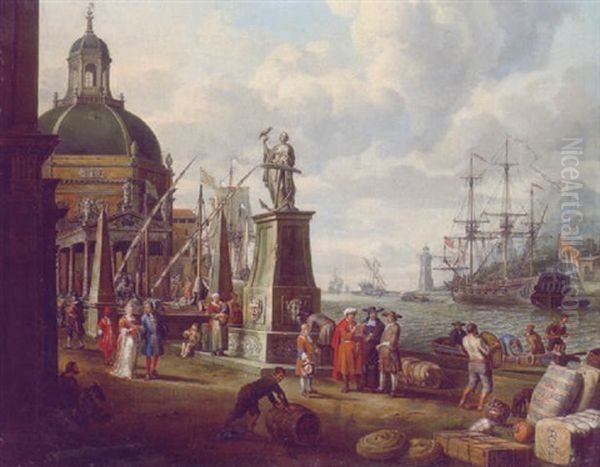 A Capriccio Of A Mediterranean Harbour With Merchants, An Elegant Couple On The Quayside, Before A Statue Of Hope And A Baroque Church Oil Painting by Adriaen Verdoel