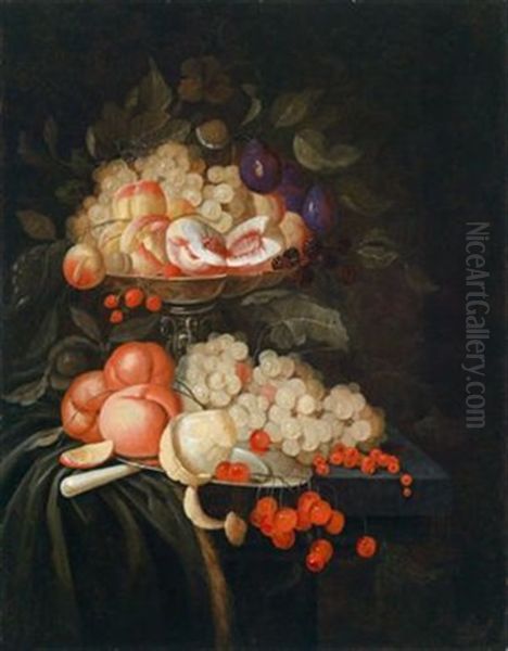 Ein Stillleben Von Trauben, Pfirsichen, Einer Zitrone Und Anderen Fruchten In Einer Schale Auf Einer Tischkante Oil Painting by Jacobus Verhagen